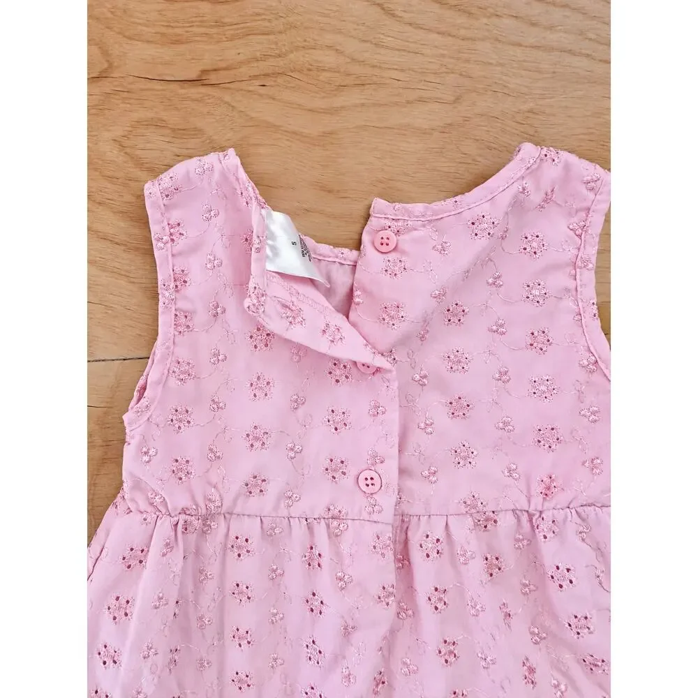 Penelope Mack Girls Size 5 Pink Eyelet Smocked Tiered Ruffle Dress Embroidered